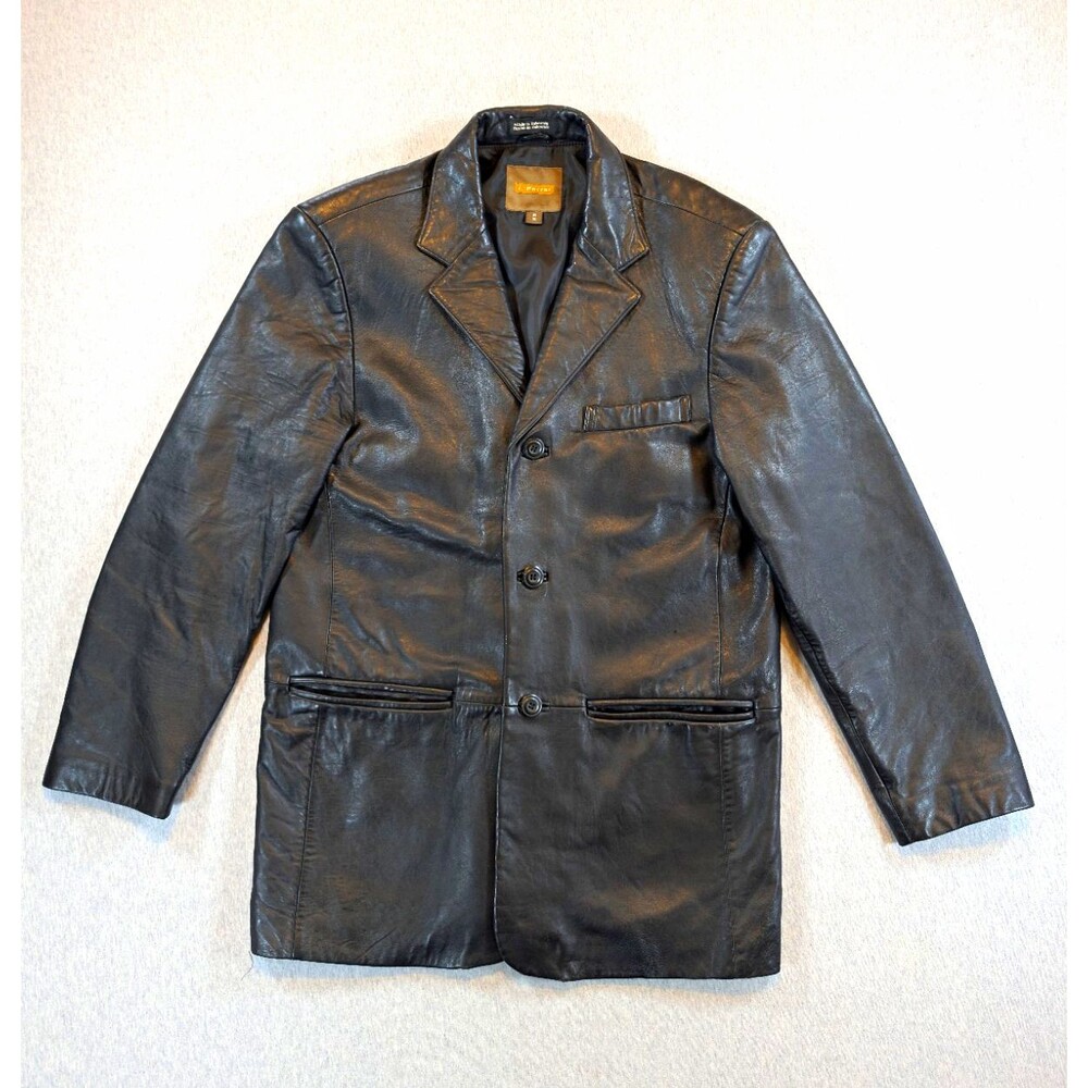 J. Ferrar Men's Black Leather Blazer Jacket M 42 Chest Button Front Notch